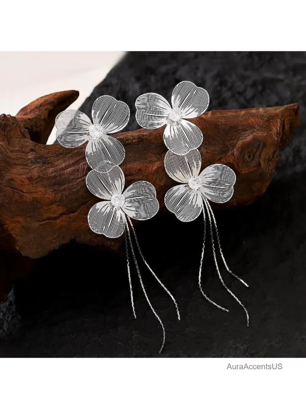 Metal Double Flower Tassel Dangle Earrings for Women Long Statement Drop